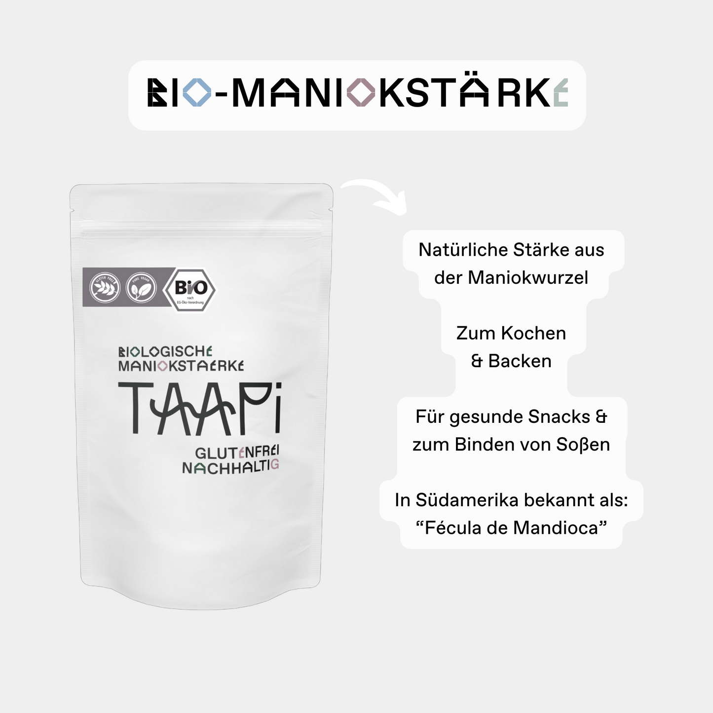 Bio-Maniokstärke ist die glutenfreie Stärke aus der Maniokwurzel. Ideal zum kochen & backen sowie für gesunde Snacks & zum Binden von Soßen oder deine liebslings Tapiokarezepte wie Tapioka Pudding. In Südamerika ist die Maniok bekannt als "Fécula de Mandioca". 