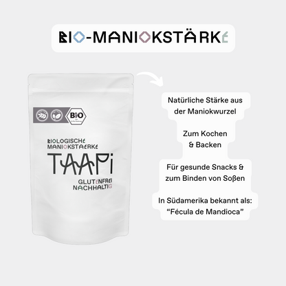 Bio-Maniokstärke ist die glutenfreie Stärke aus der Maniokwurzel. Ideal zum kochen & backen sowie für gesunde Snacks & zum Binden von Soßen oder deine liebslings Tapiokarezepte wie Tapioka Pudding. In Südamerika ist die Maniok bekannt als "Fécula de Mandioca". 