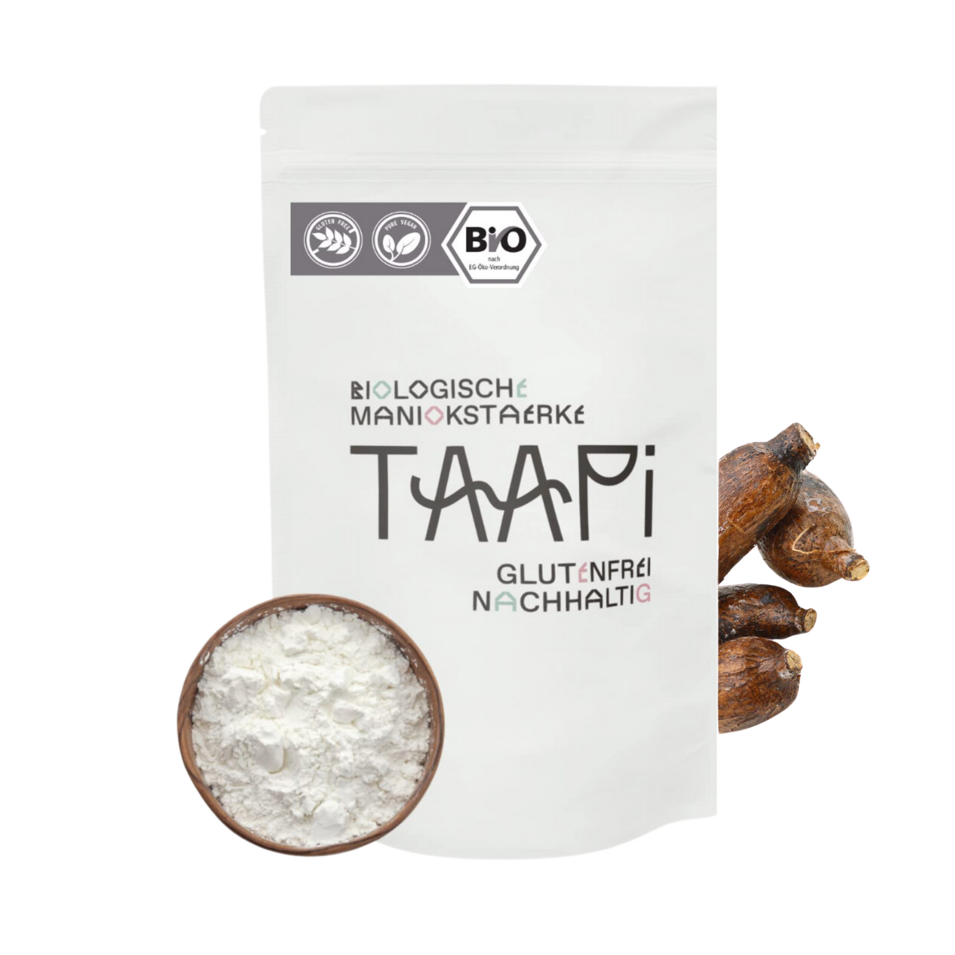 Bio-Tapiokastärke in weißem Pulver, glutenfrei und vielseitig einsetzbar für glutenfreie Rezepte, Puddings und Saucen, hergestellt aus der Maniokwurzel, ideal für gesundheitsbewusste Ernährung und natürliche Verdickungsmittel und Tapioka Pudding. Auf dem Bild ist ein Standbodenbeutel mit der Aufschrift Biologische Maniokstärke, glutenfrei, nachhaltig, sowie eine Schale mit Tapiokastärke, sowie eine Maniok aus der die Tapioka gewonnen wird.